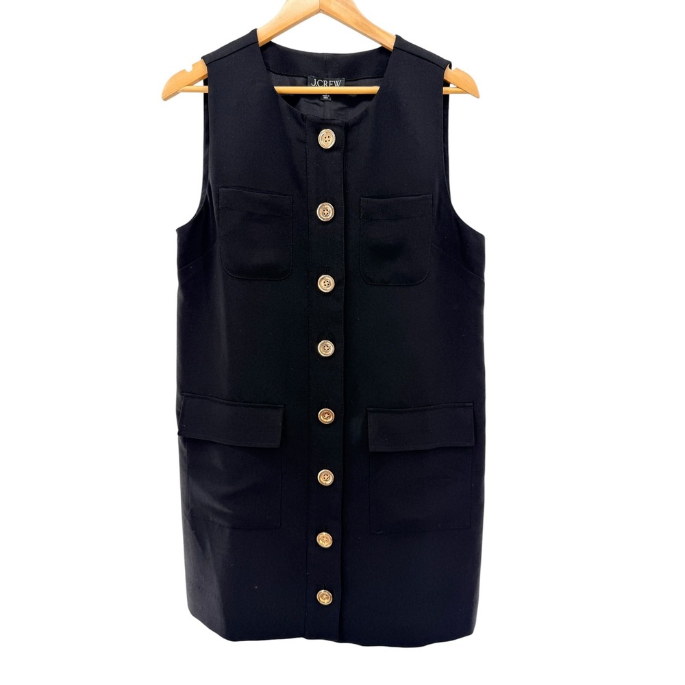 J.Crew Button Front Shift Dress‎ Drapey Crepe Womens Black Gold Buttons Size M